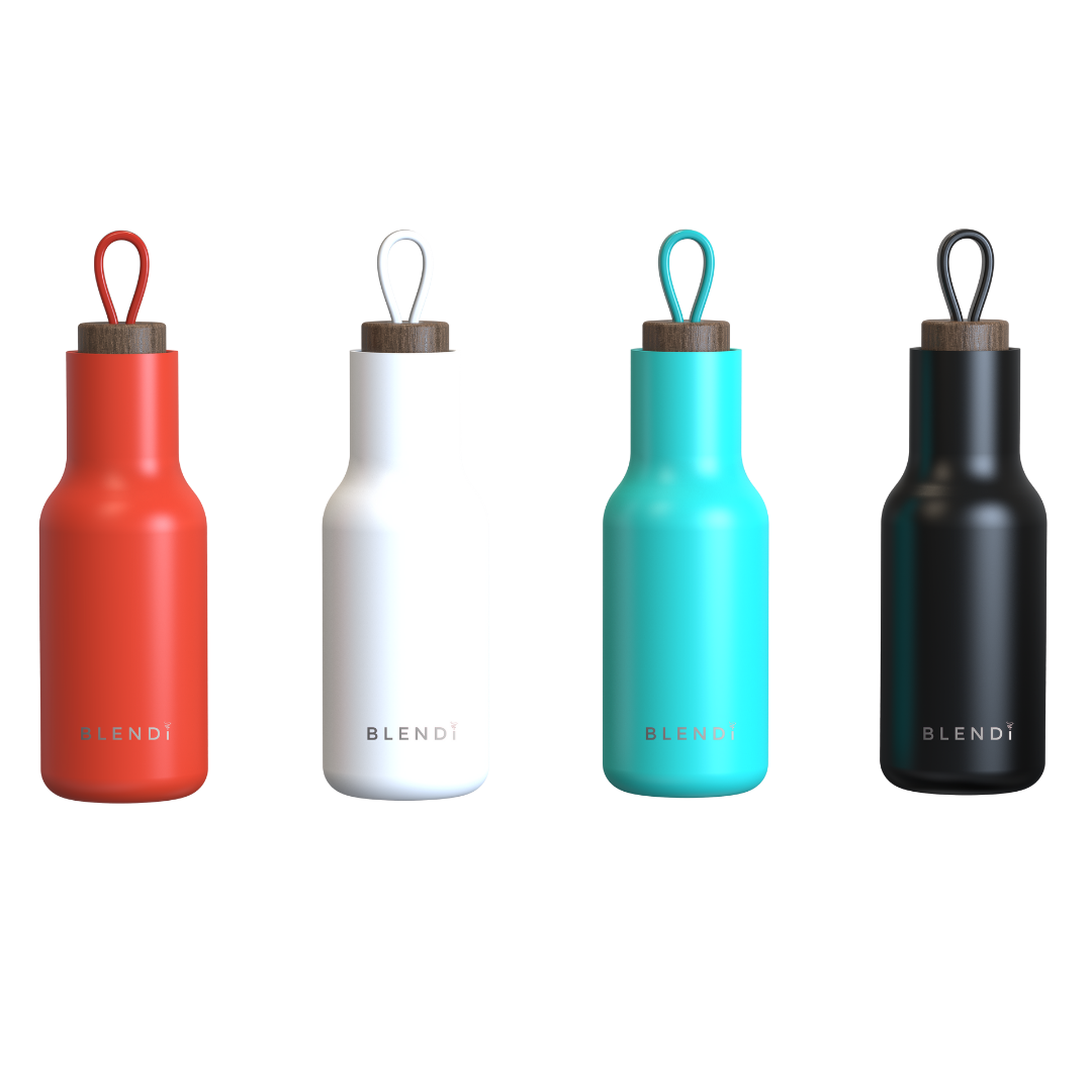 Red, white, teal, and black BLENDI water bottle