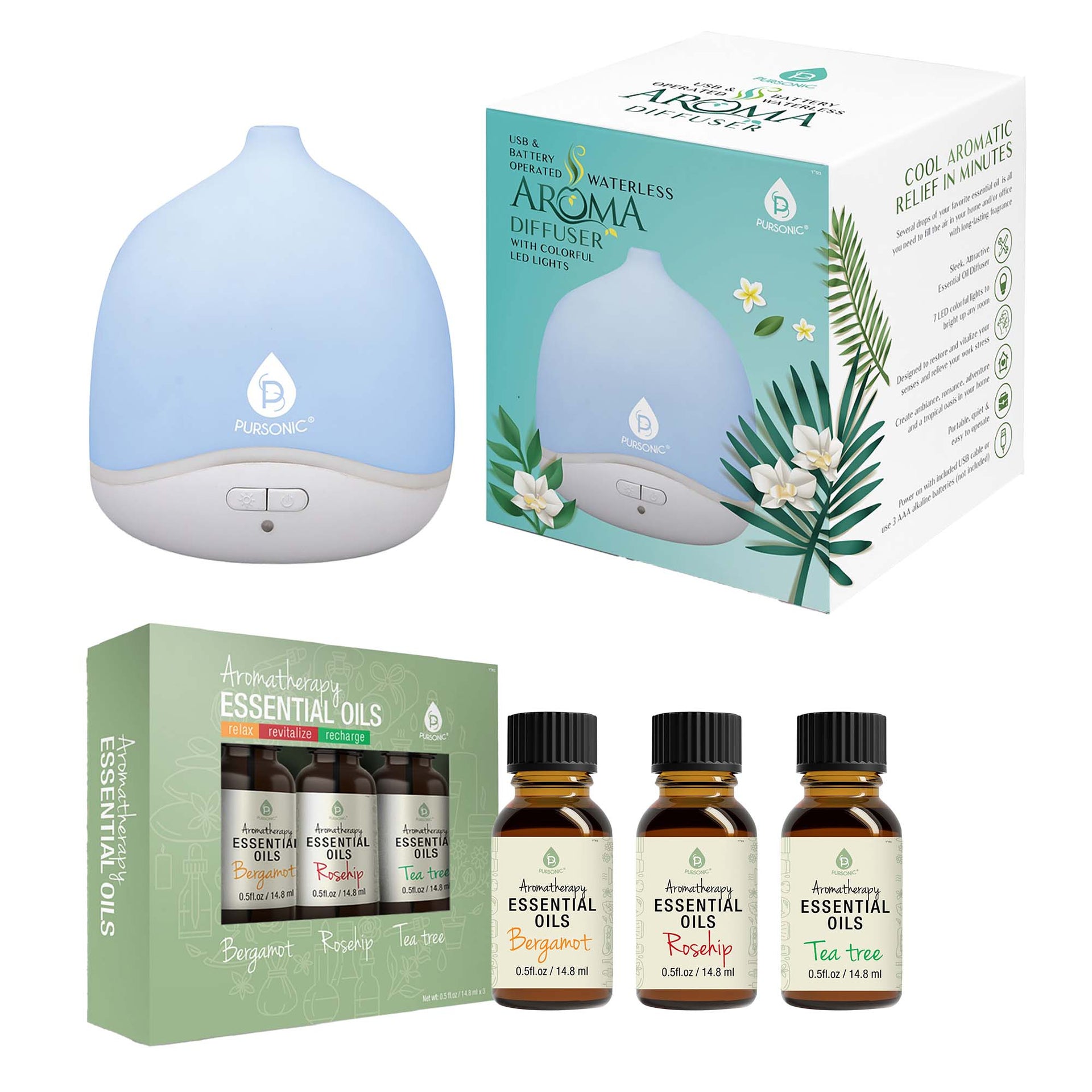 Aroma diffuser and essential oils set with packaging on a white background