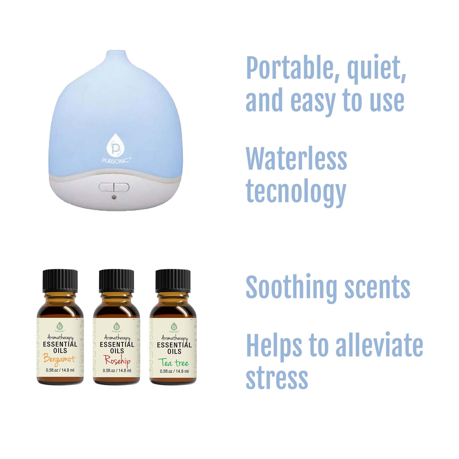 Portable diffuser with essential oil bottles and text highlighting features on a white background