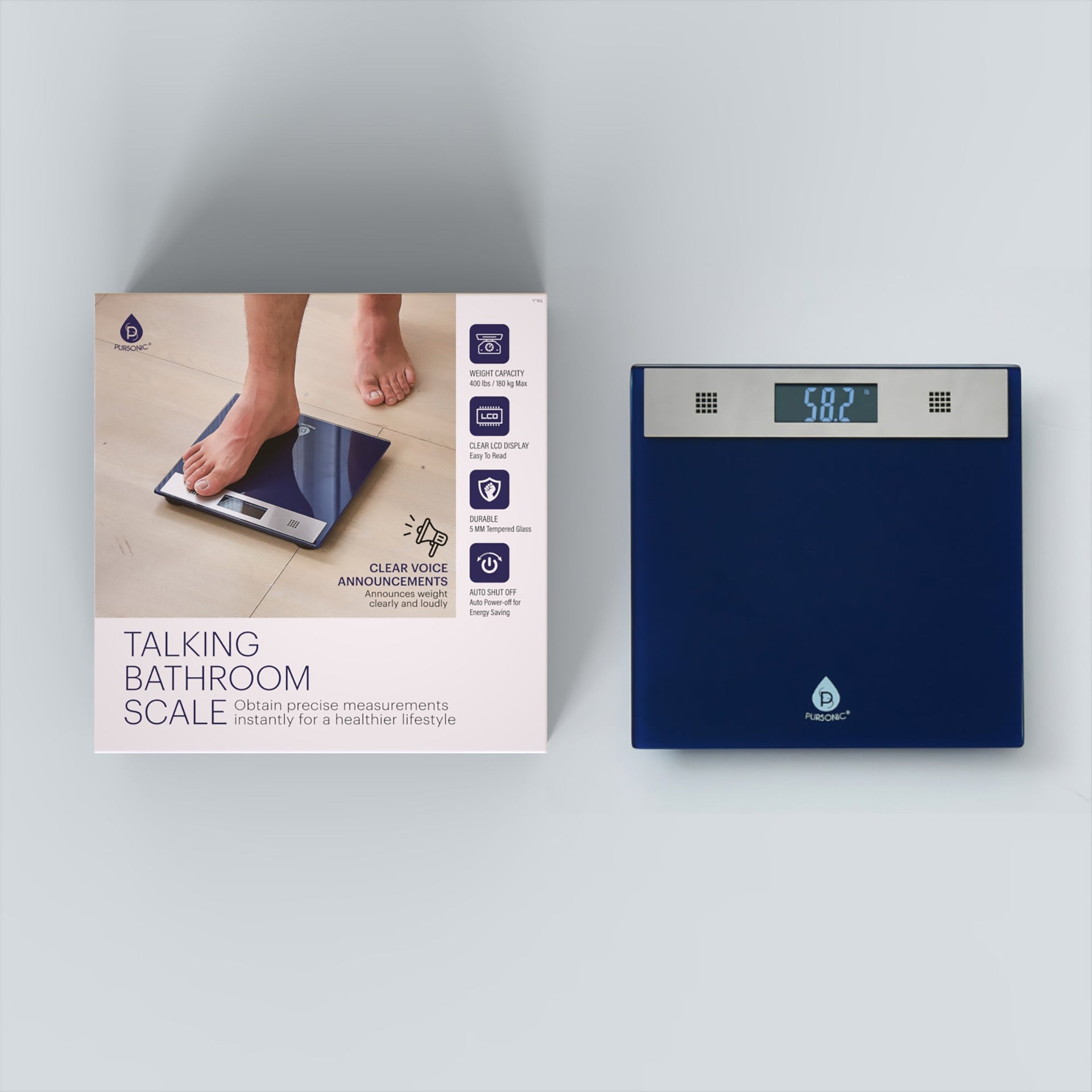 Blue digital bathroom scale with packaging on a light gray background