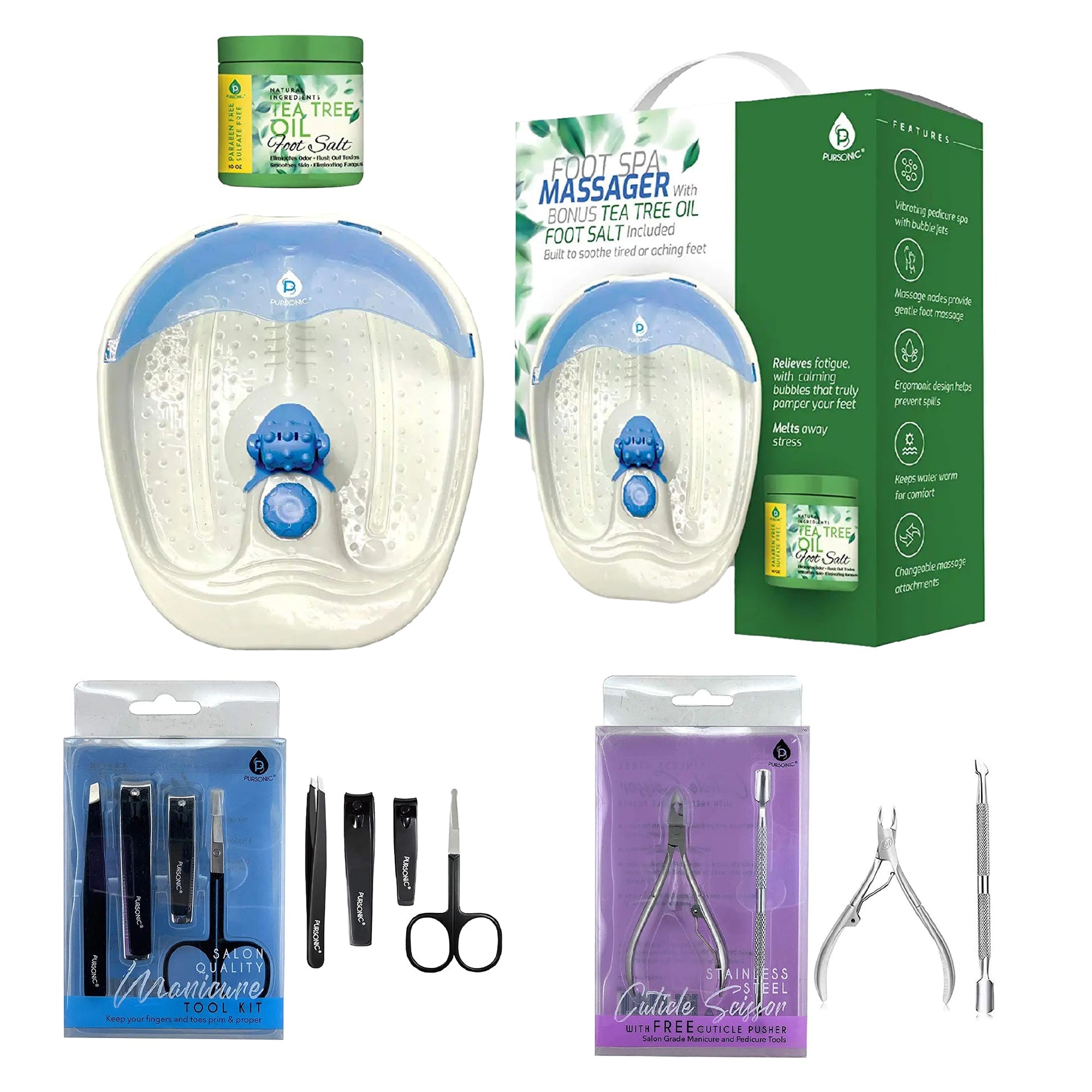 Collection of foot care products including a foot spa massager, foot salt, and nail care tools on a white background.