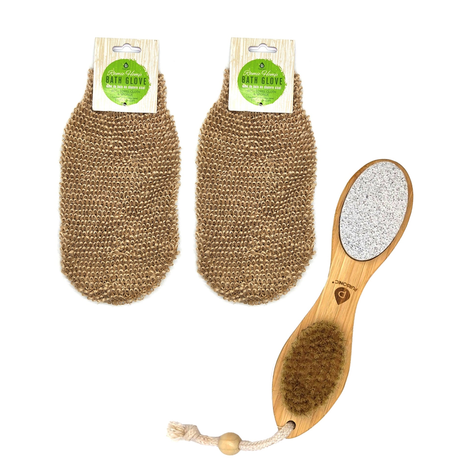 Two bath gloves and a scrub brush on a white background