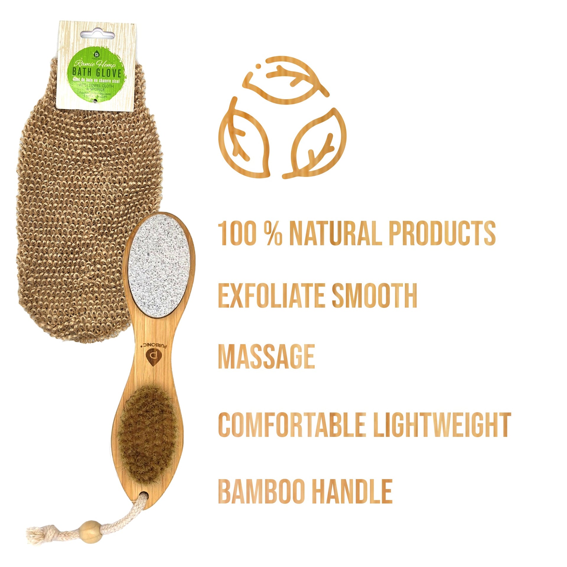 Bath glove and brush with natural product features on a white background