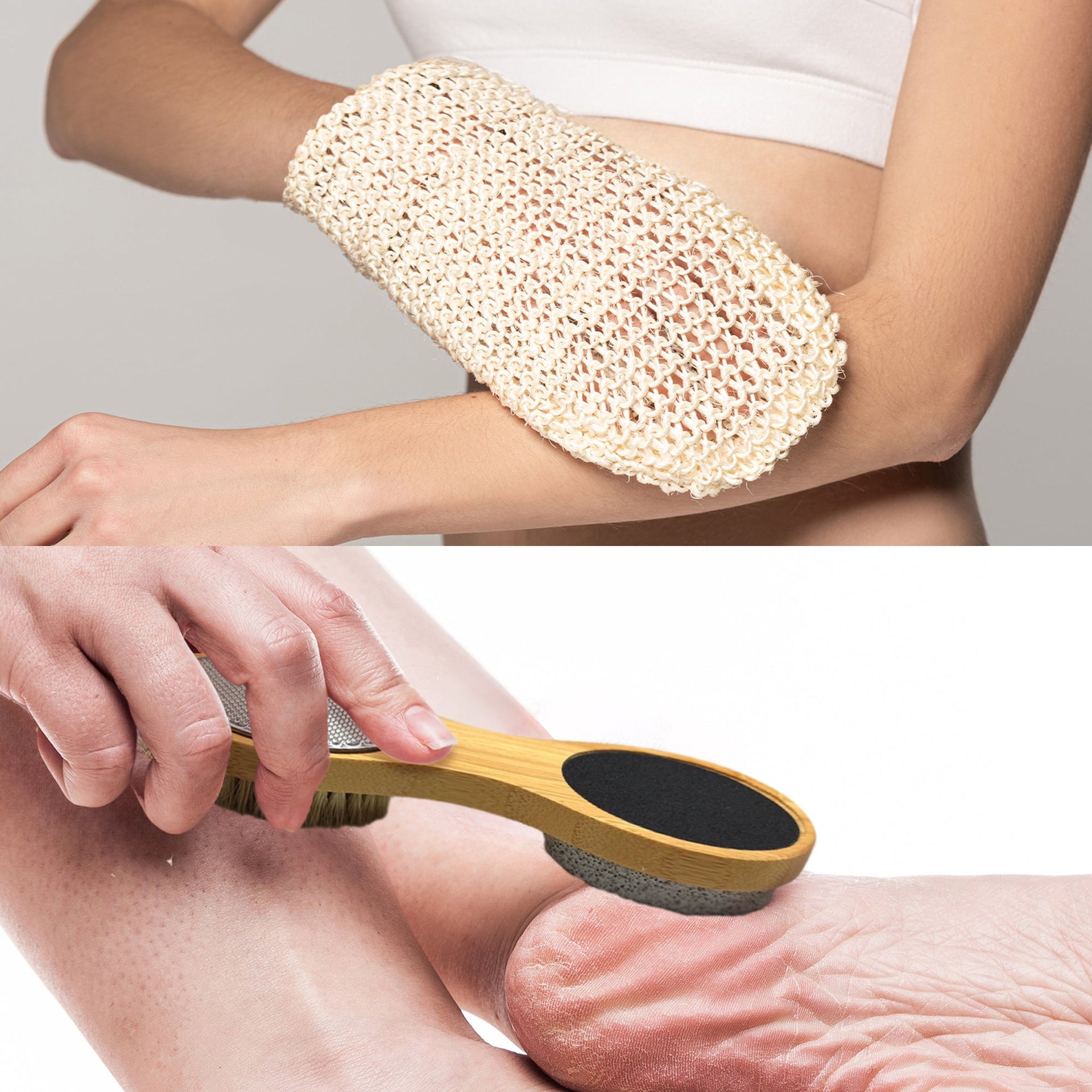 Person using a exfoliating glove on their arm and a brush on their leg with a neutral background.
