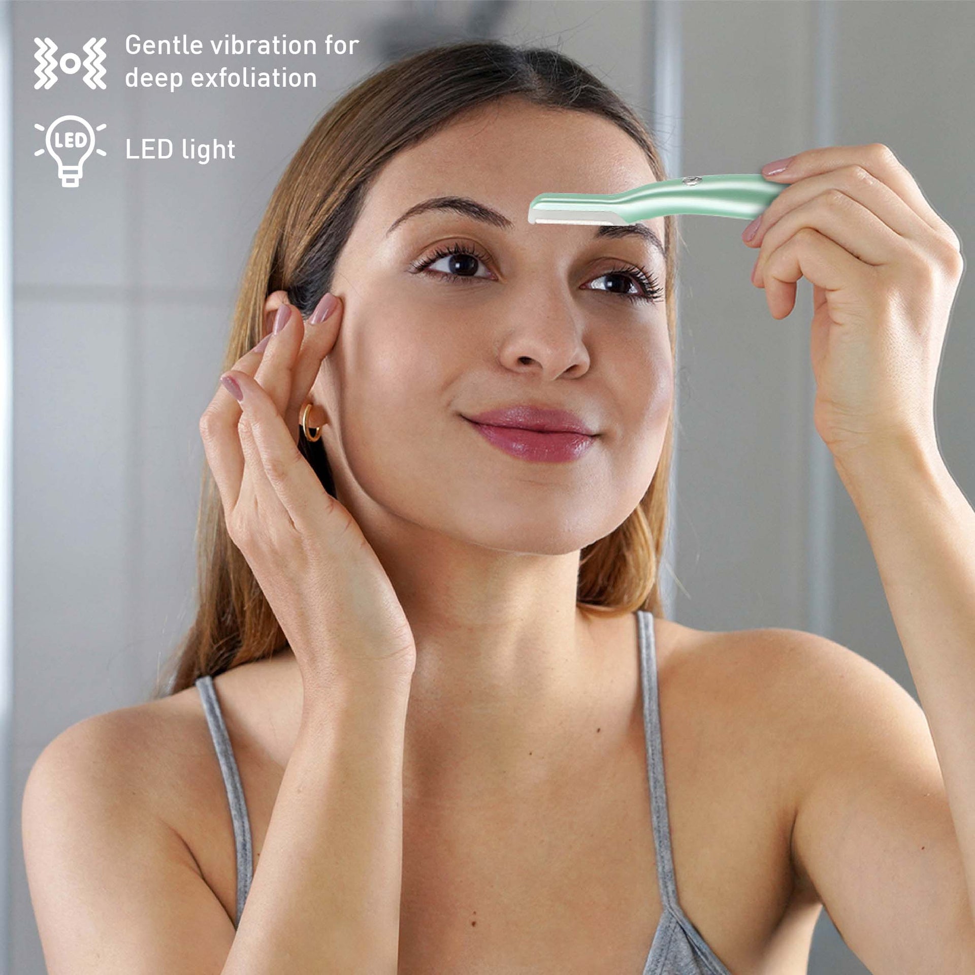 Woman using a skin care device with text about gentle vibration and LED light.