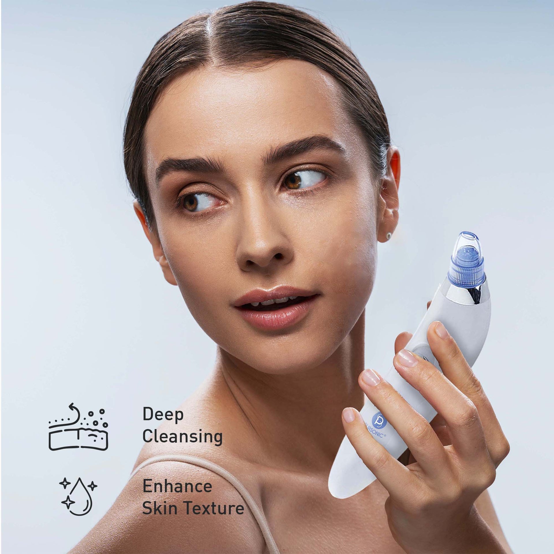 Woman holding a skincare device with icons and text on a light blue background