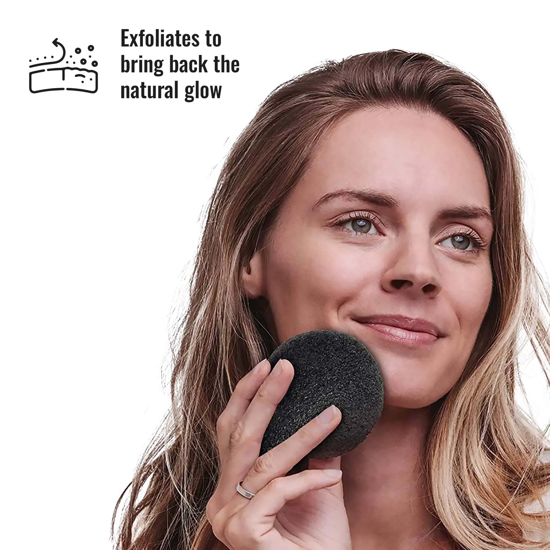 Woman using a black exfoliating tool on her face with text about exfoliation benefits.