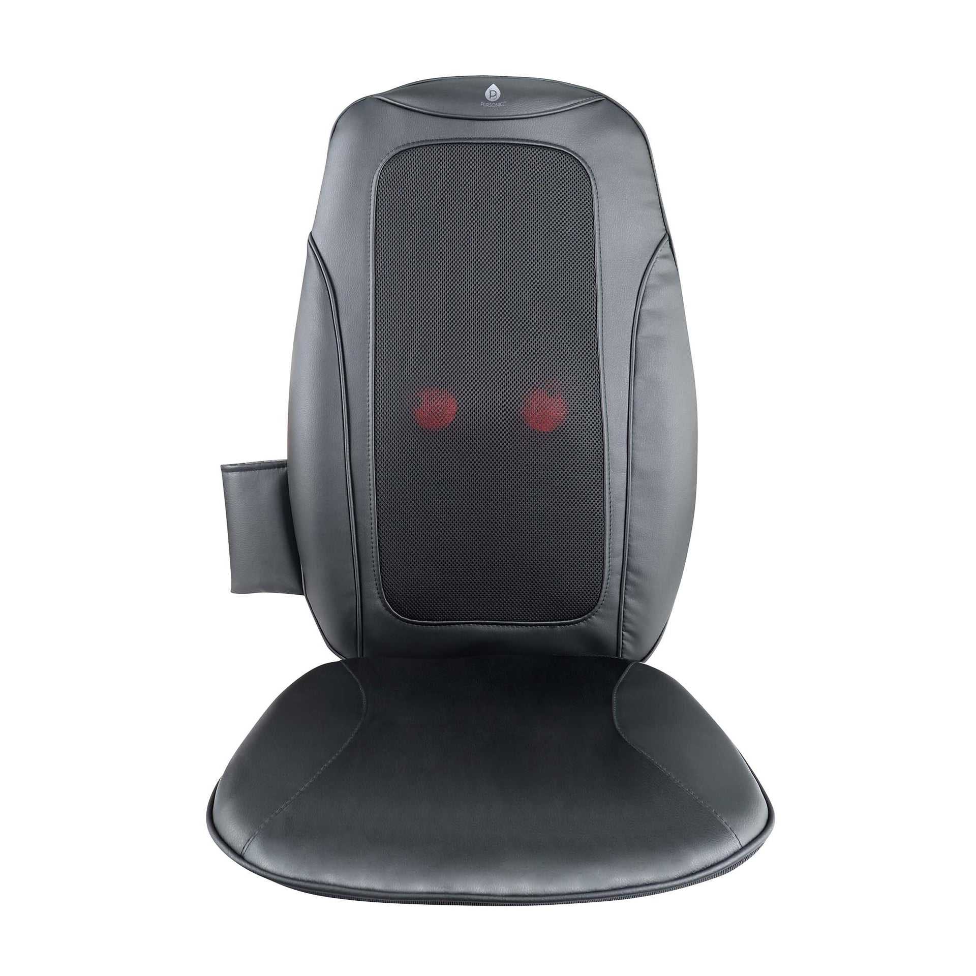 Black massage chair pad with red lights on a white background