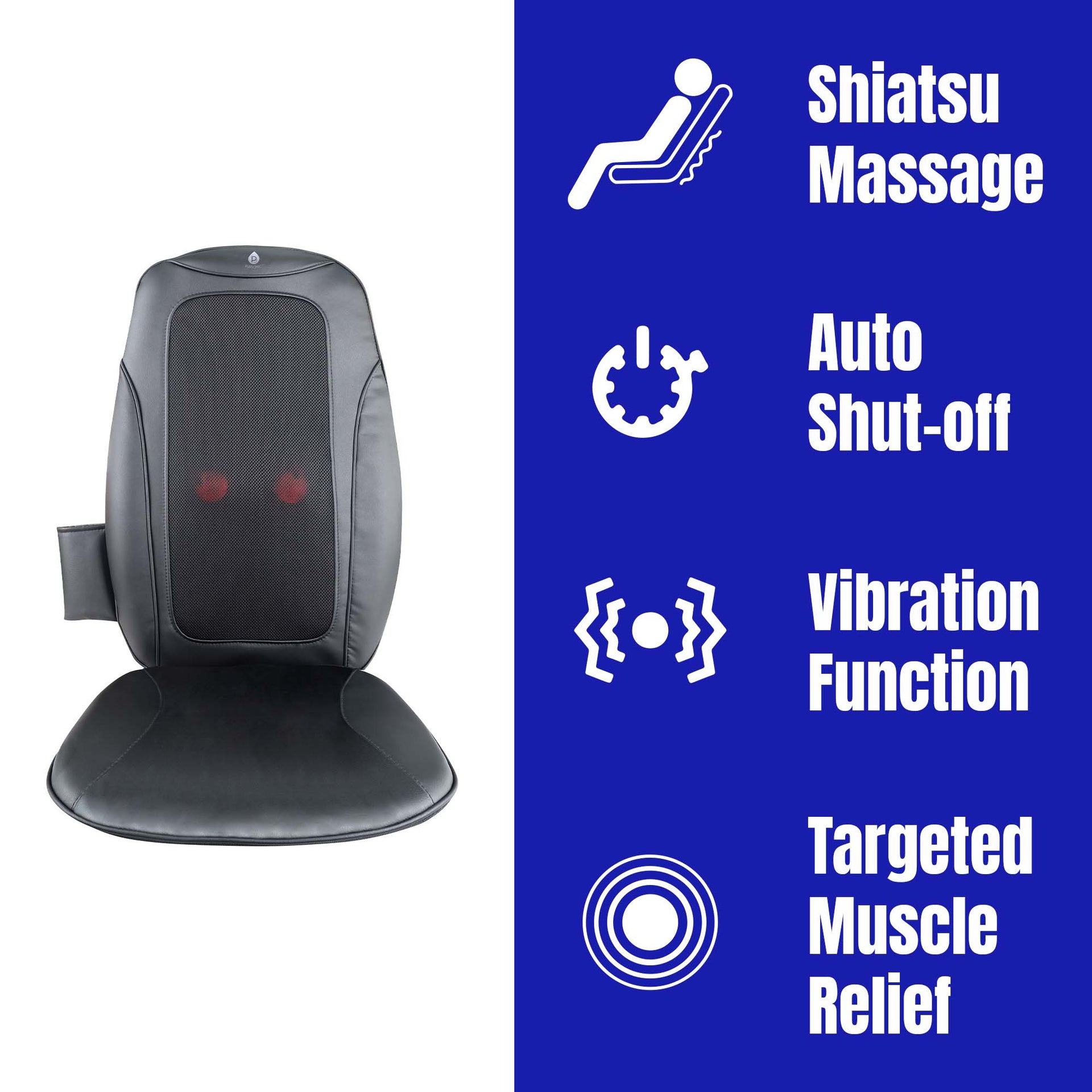 Massage chair back with features listed on a blue background