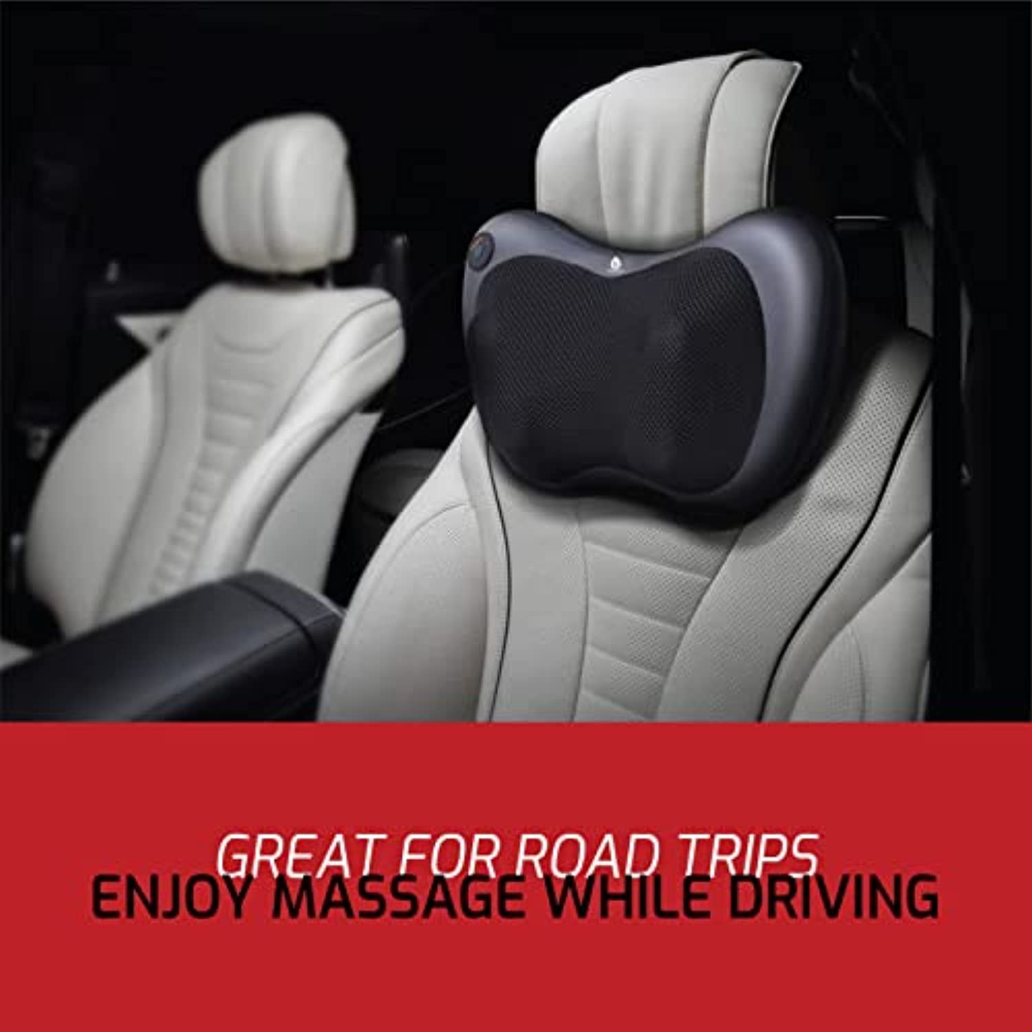 Car neck massager on a car seat with text 'Great for road trips, enjoy massage while driving' on a red background.