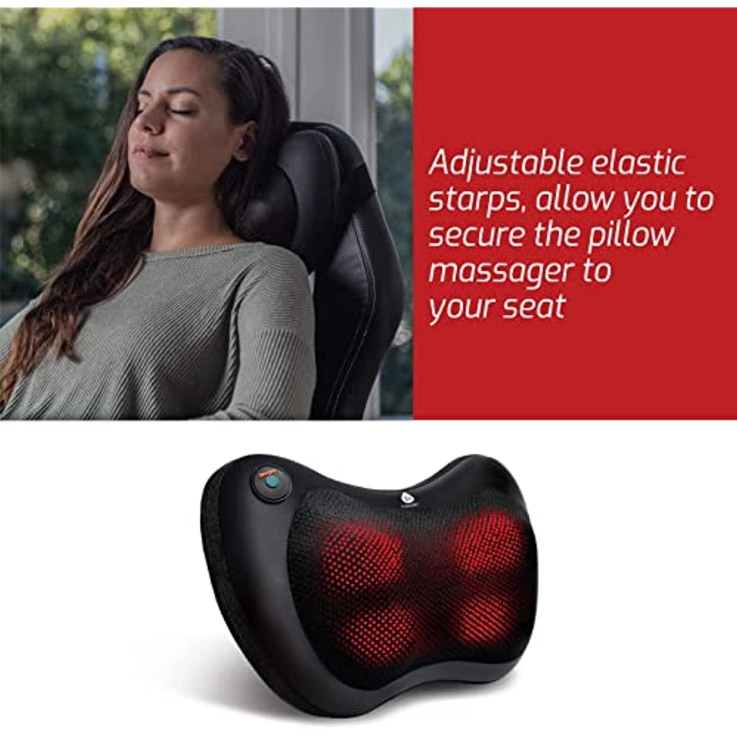 Woman using a massage pillow with text about adjustable elastic straps on a red background