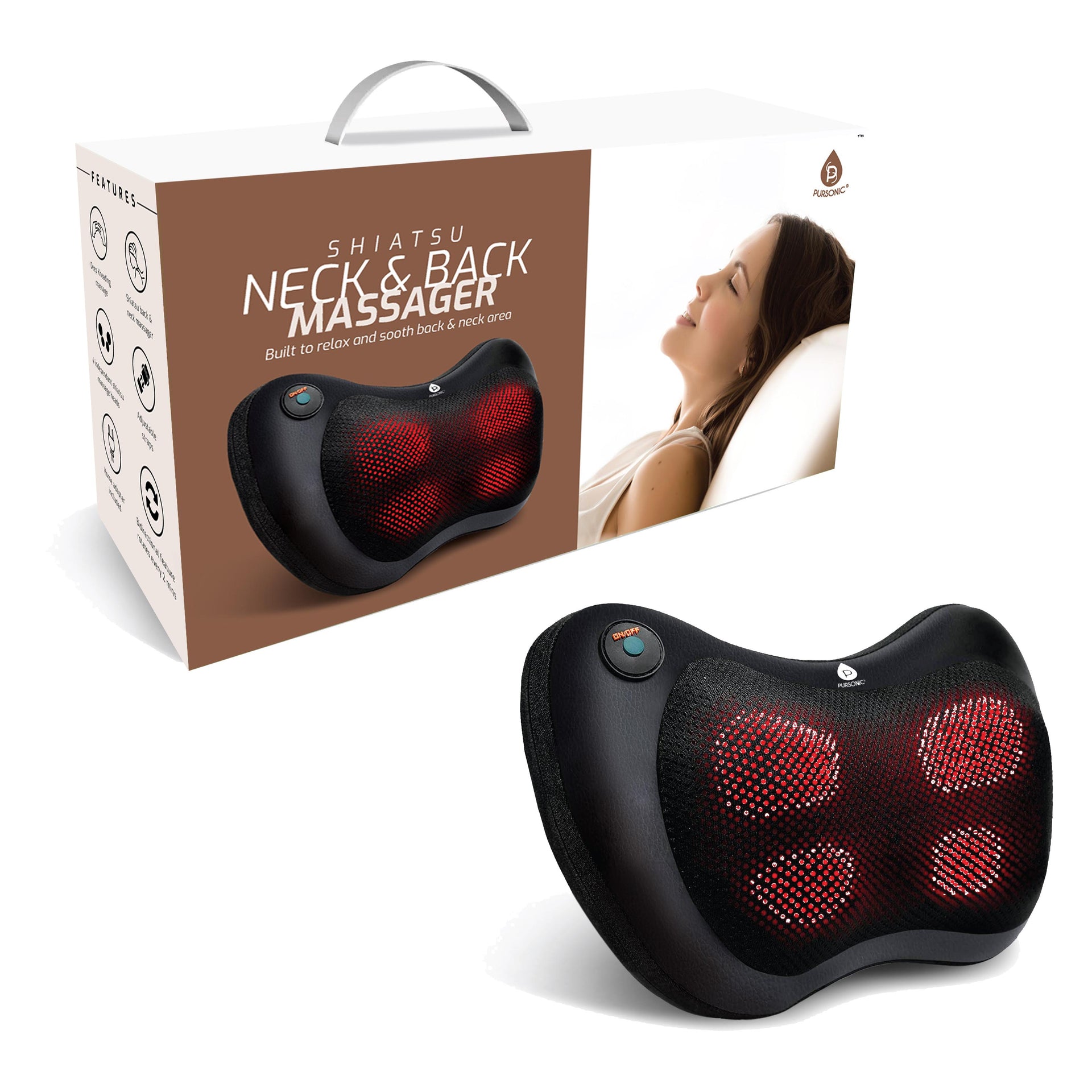 Shiatsu neck and back massager with packaging displaying a person using it.