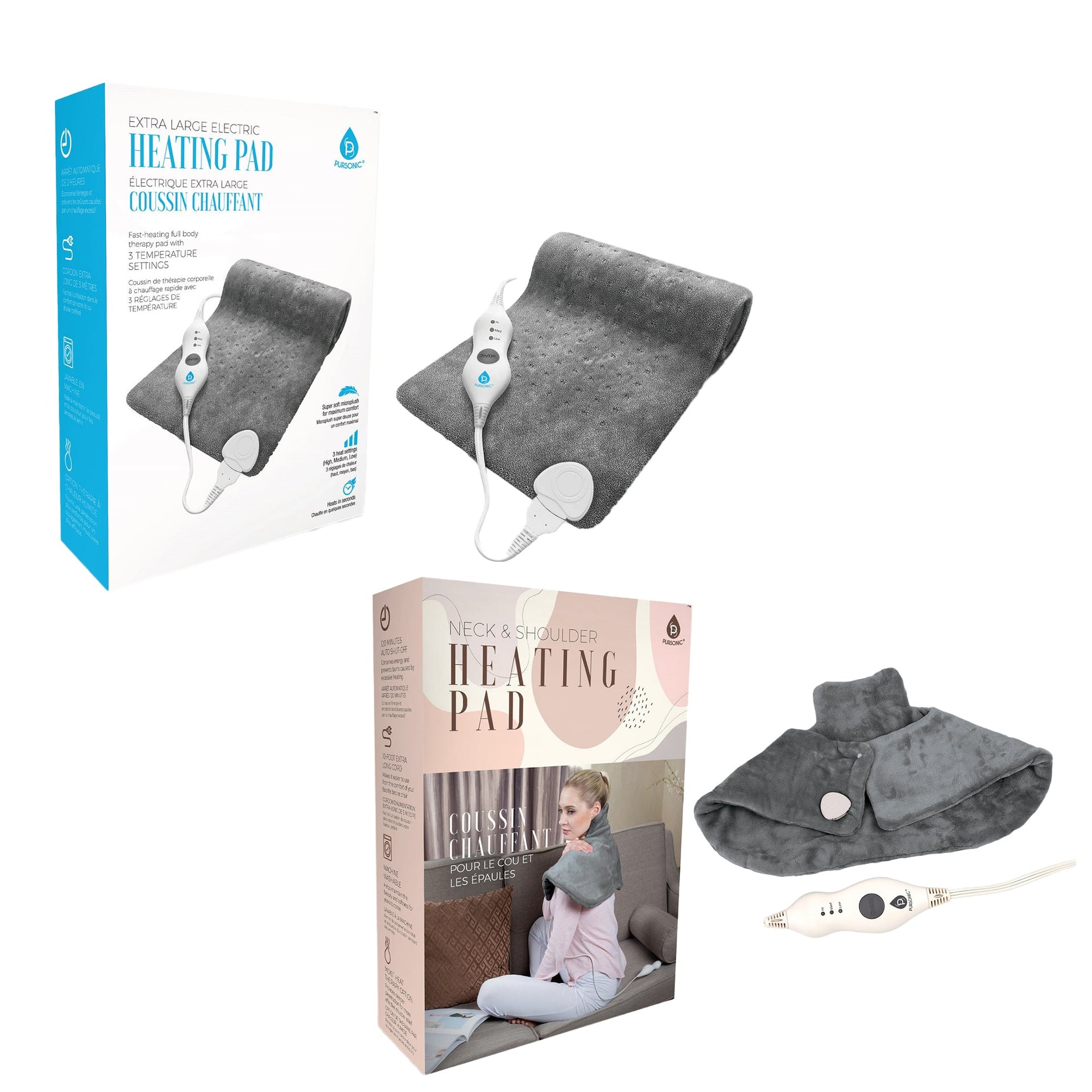 Gray neck and shoulder heating pad with packaging on a white background