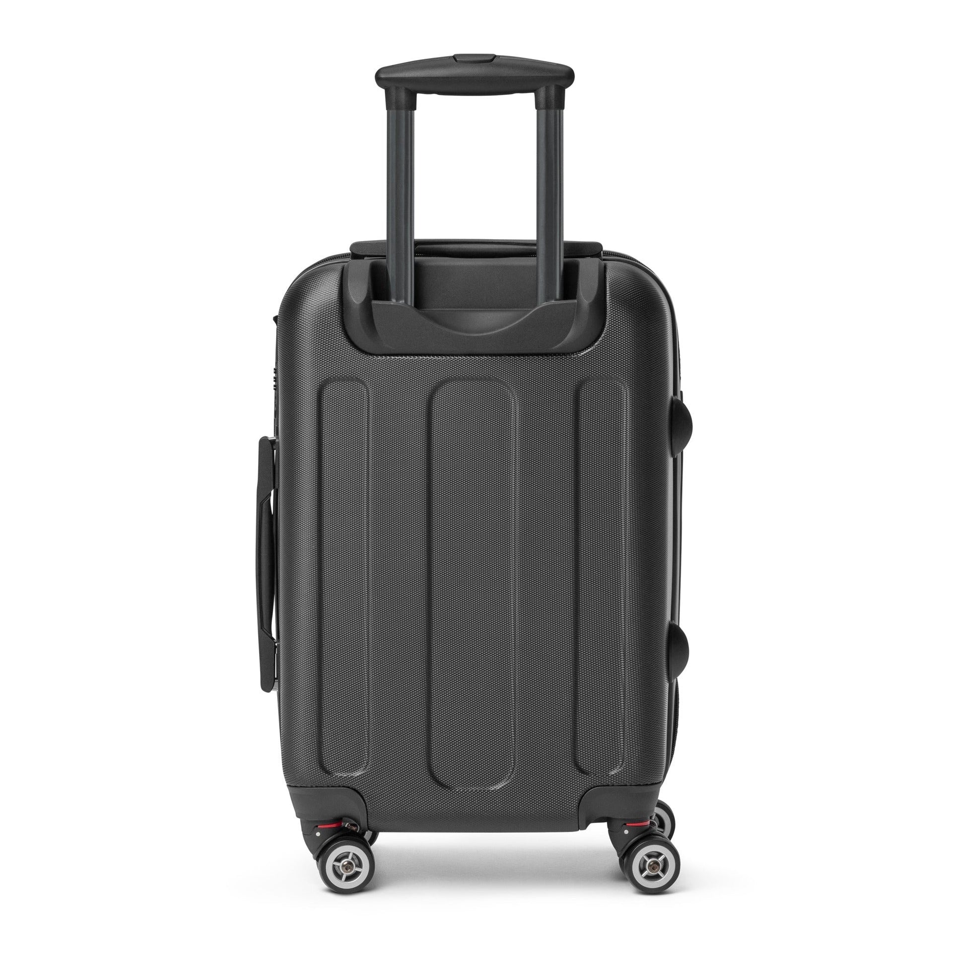 Black suitcase with wheels on a white background