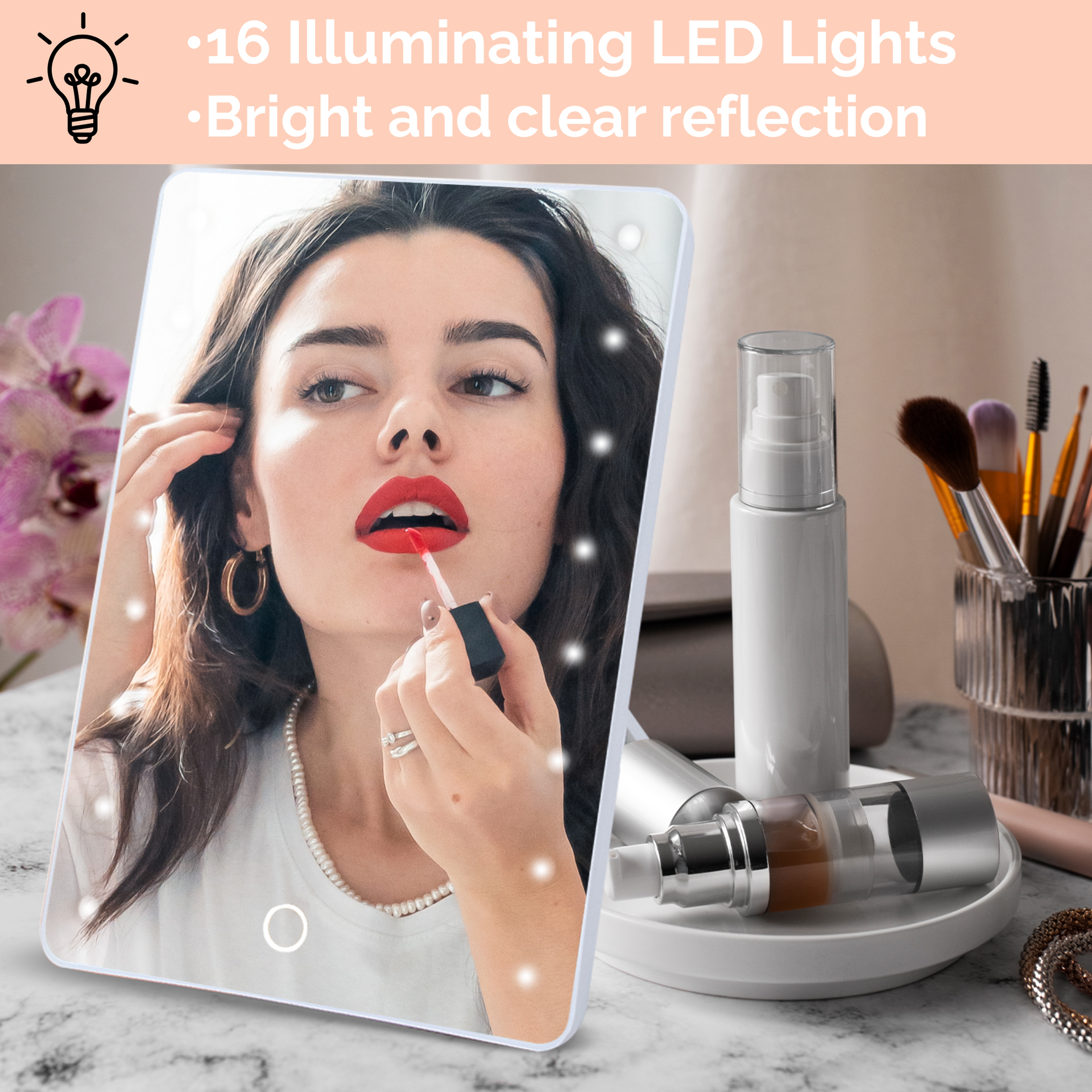 Makeup mirror with LED lights and cosmetic products on a marble surface