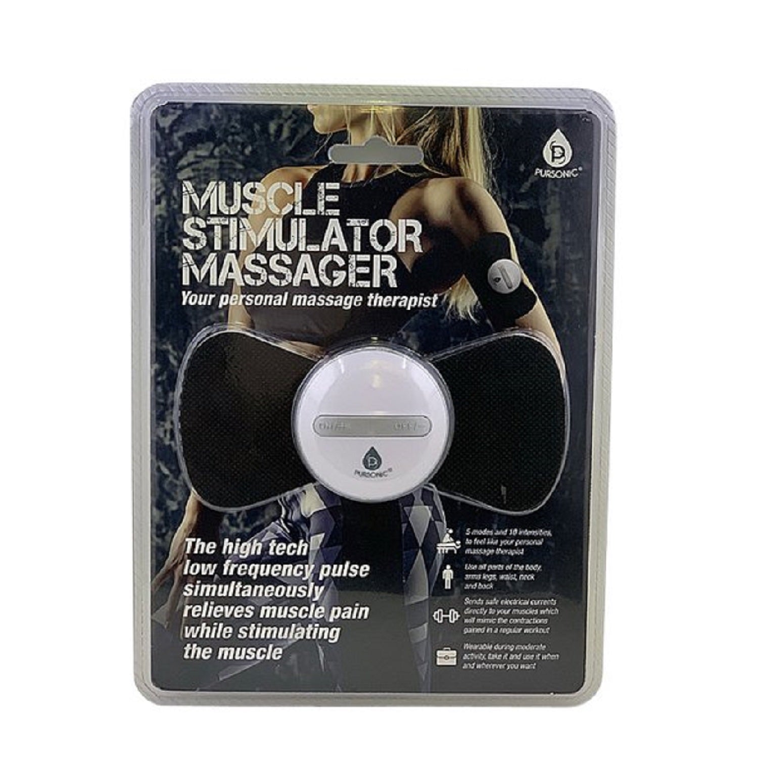 Packaged muscle stimulator massager with branding and product details on a white background