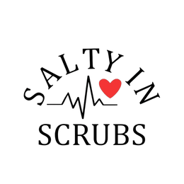 salty in scrubs logo has heart and cardiac rhythm