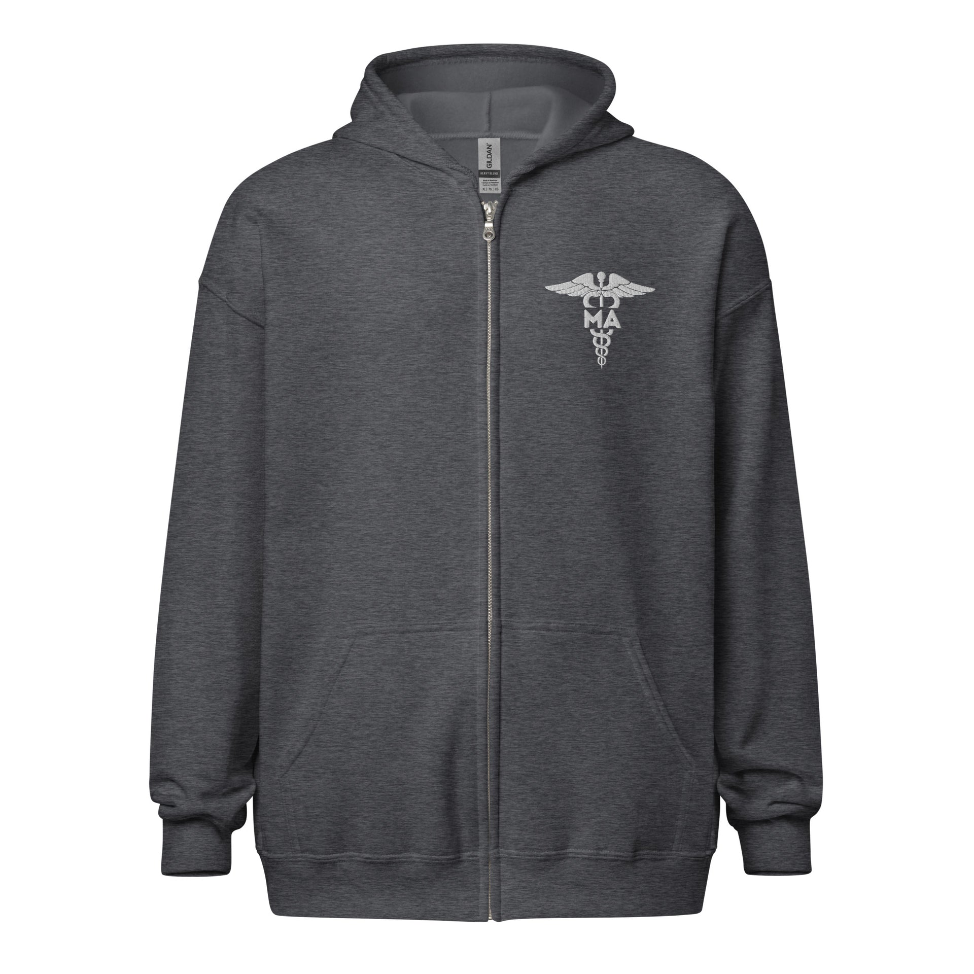 Dark heather grey zip-up hoodie with caduceus and MA for medical assistant embroidered on left chest