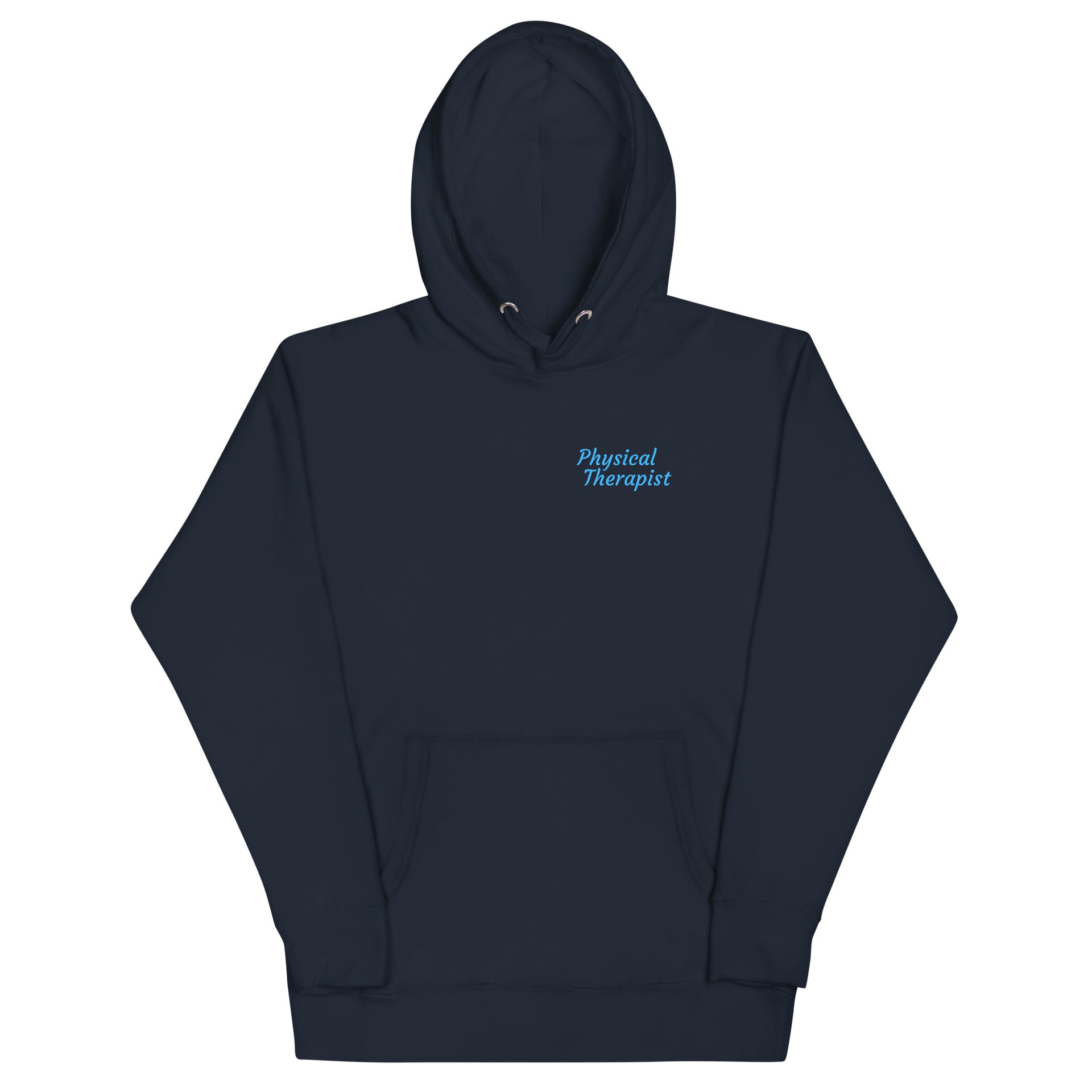 navy blue hooded sweatshirt with Physical Therapist written on upper left chest