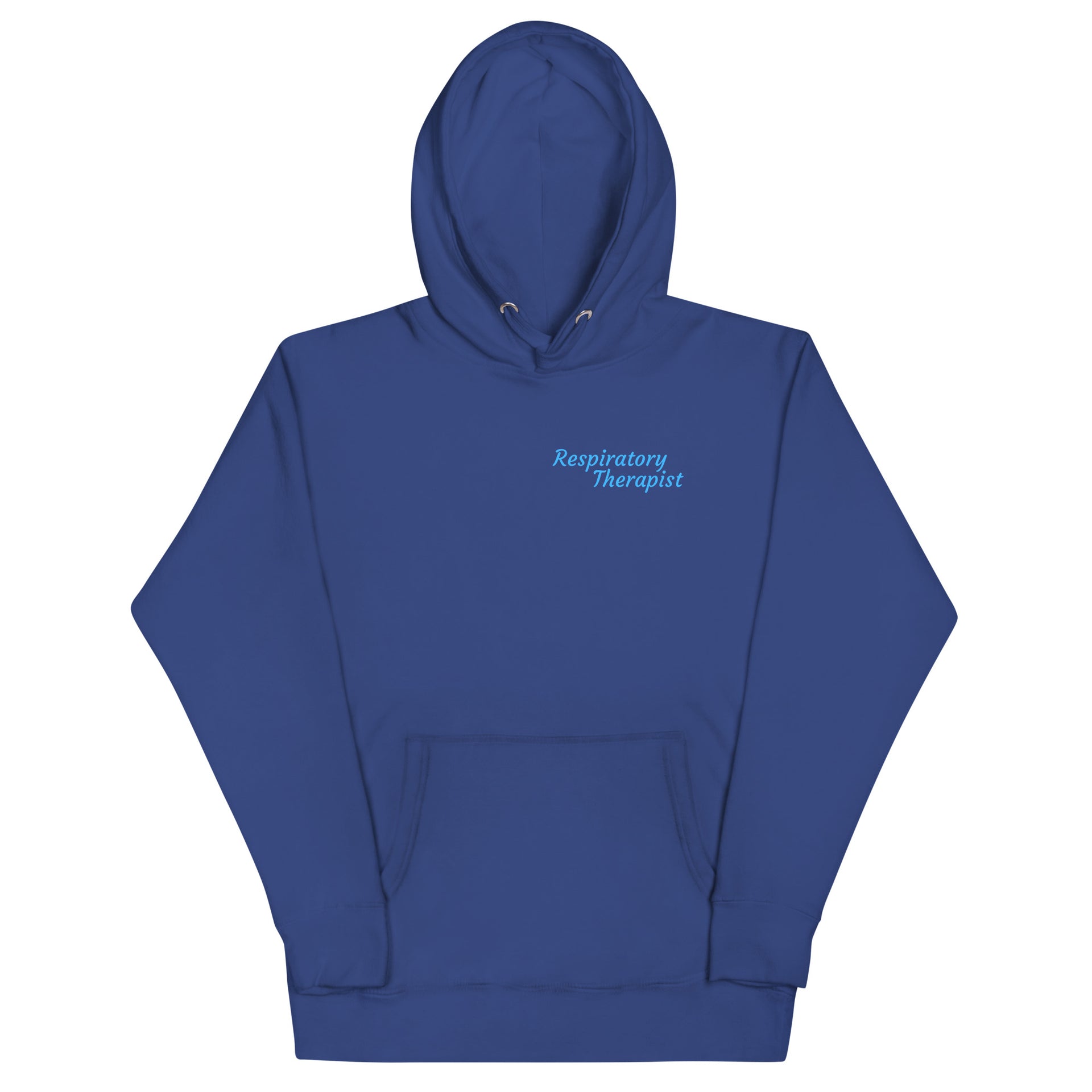 royal blue hoodie with respiratory therapist written in blue lettering