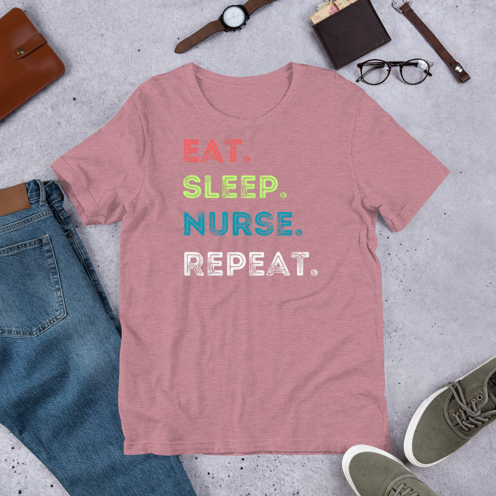 Product mockup pink eat sleep nurse repeat t-shirt