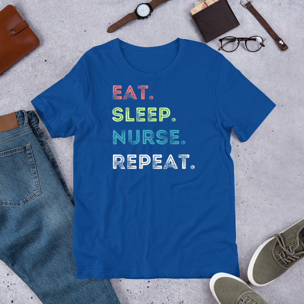Product mockup royal blue eat sleep nurse repeat t-shirt