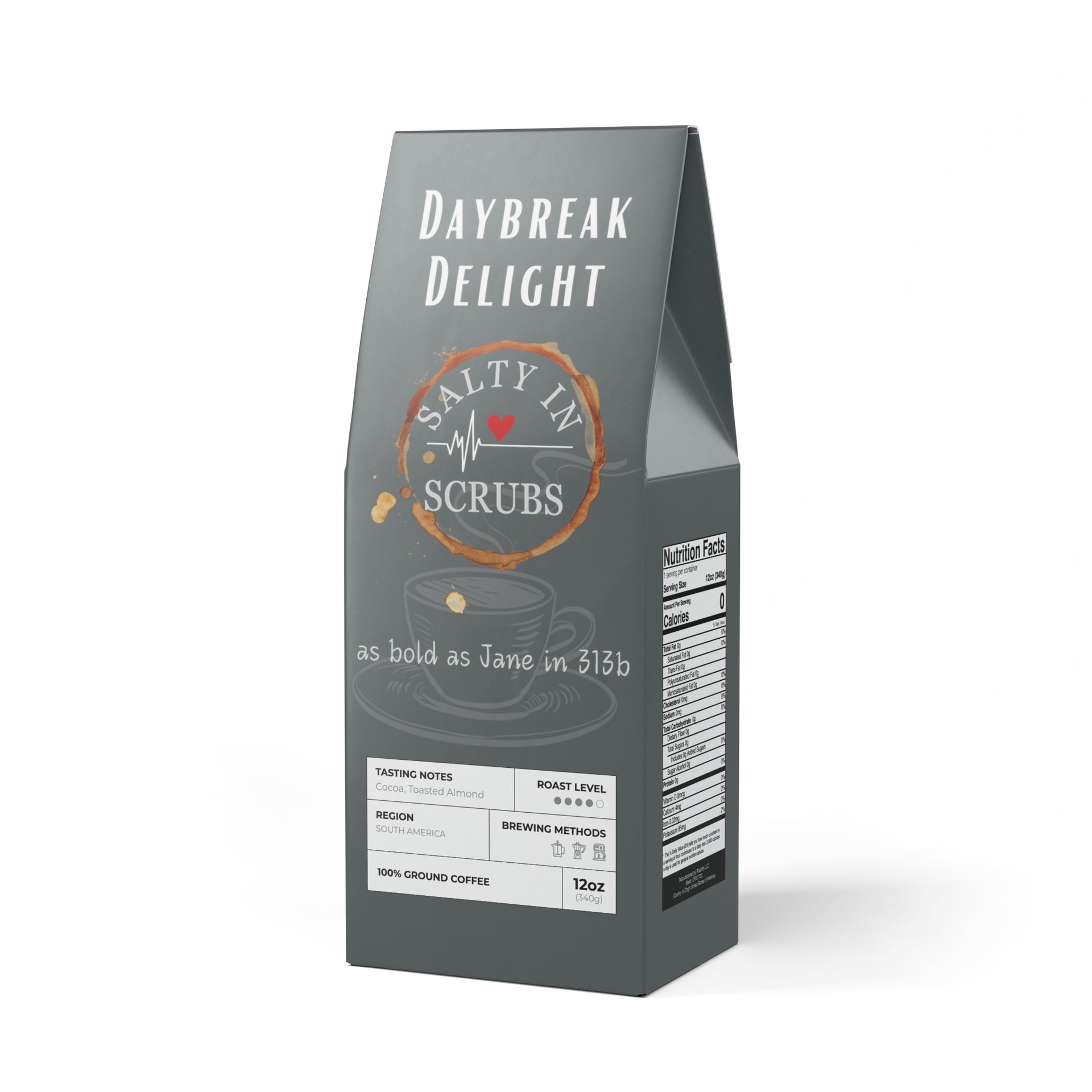 daybreak delight coffee by salty in scrubs in dark grey packaging