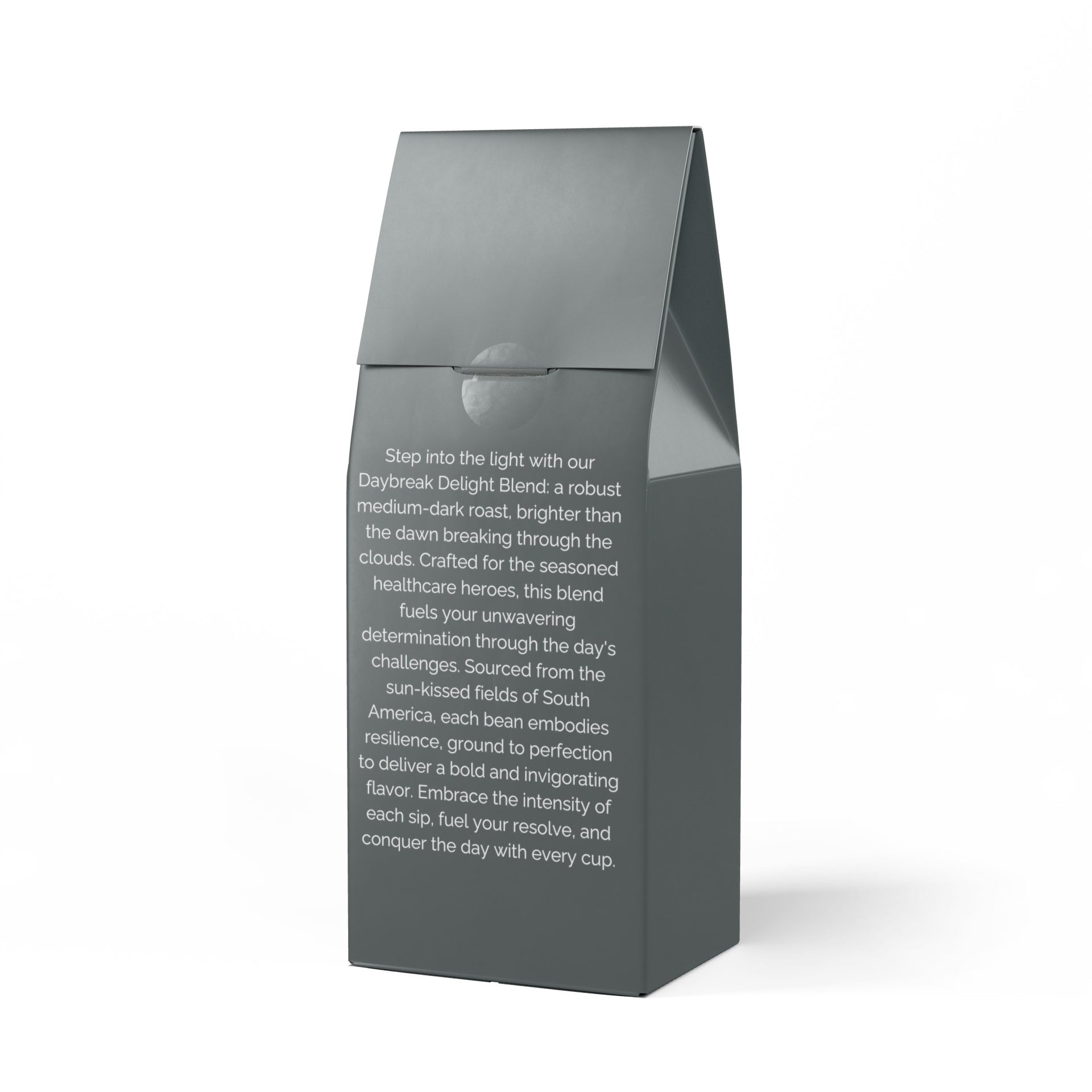 daybreak delight coffee by salty in scrubs in dark grey packaging with a humorous note