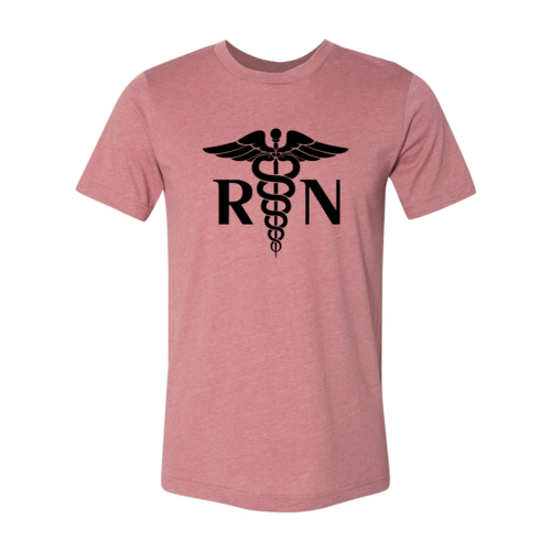 Pink t-shirt with black RN logo on a white background