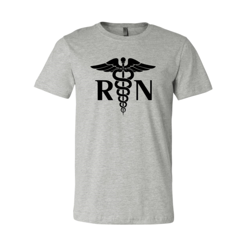 Gray t-shirt with RN and caduceus symbol on a white background