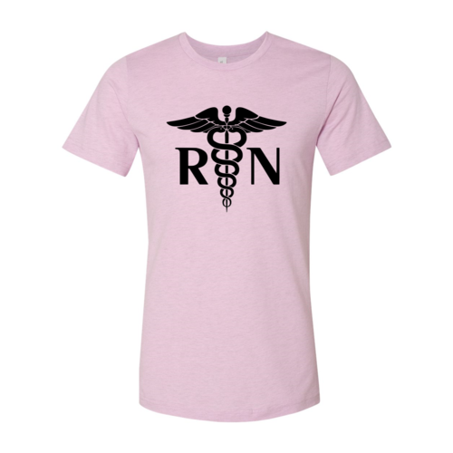 Pink t-shirt with black RN logo on a white background