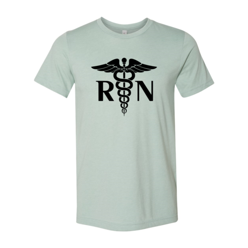 Light green t-shirt with black RN caduceus symbol on a white background