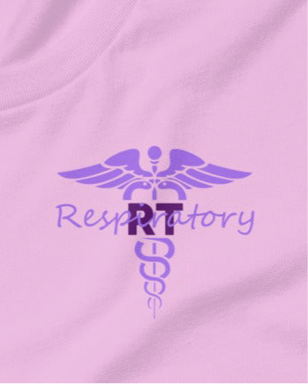 Purple shirt with 'RT Respiratory' and caduceus symbol on a pink background