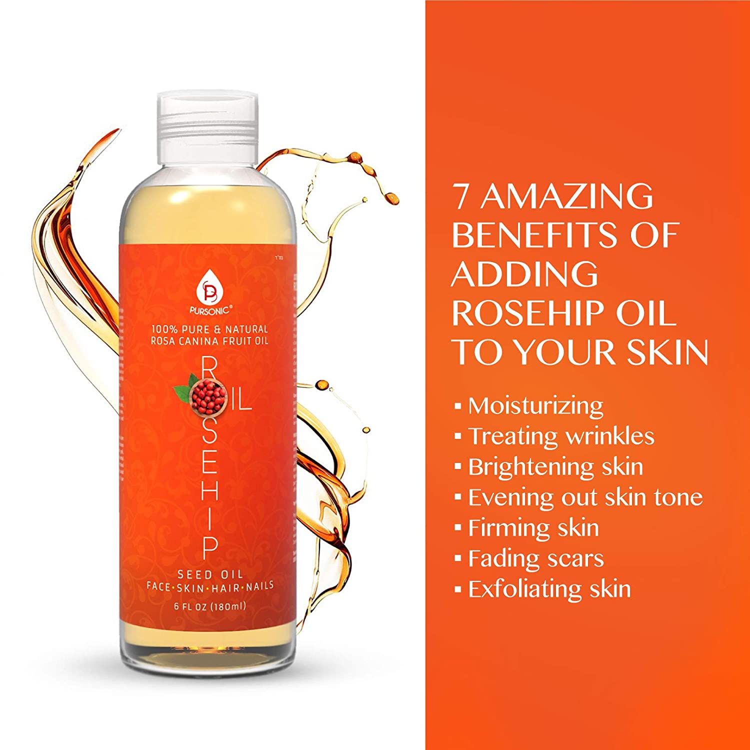 Bottle of rosehip seed oil with benefits listed on an orange background