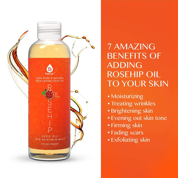 Bottle of rosehip seed oil with benefits listed on an orange background