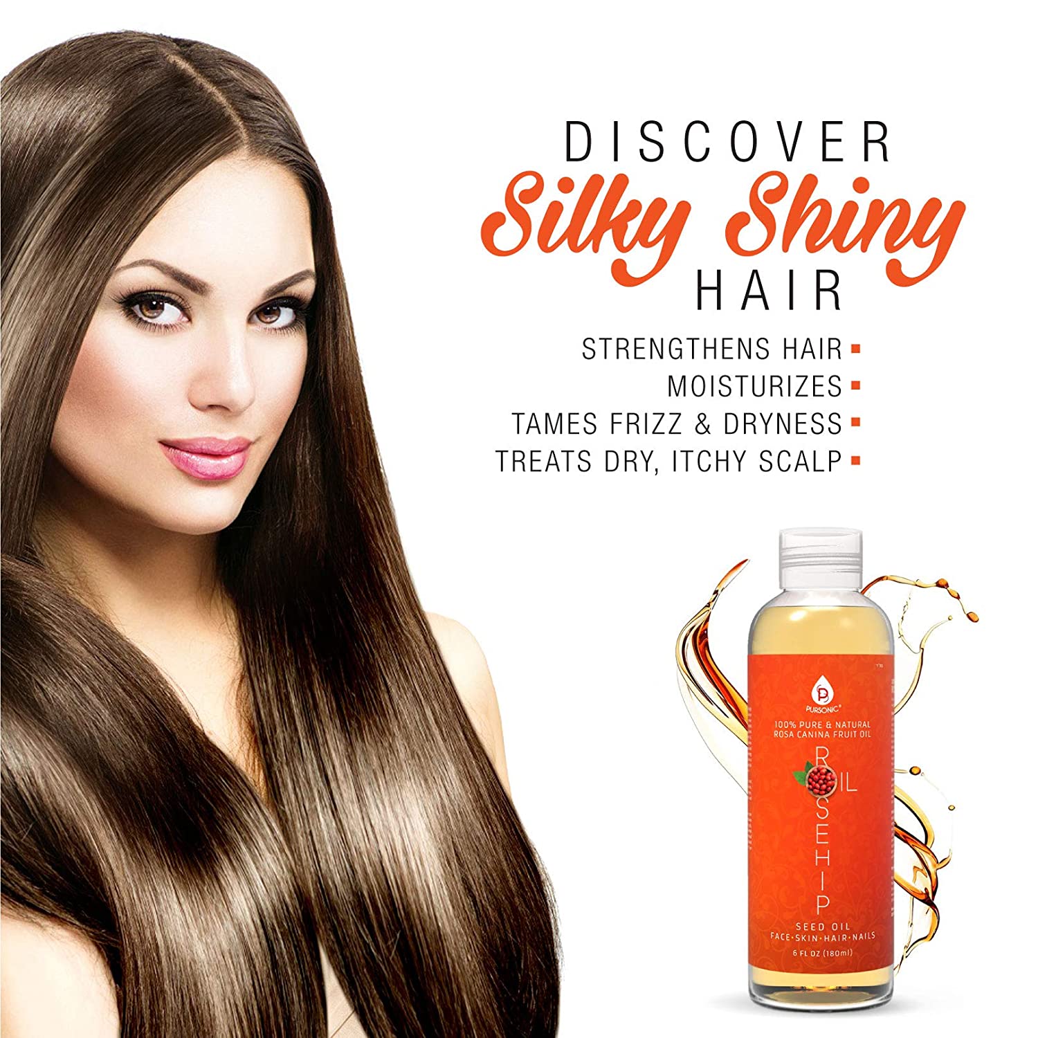 Woman with long, shiny hair next to a bottle of hair product with text about hair benefits.