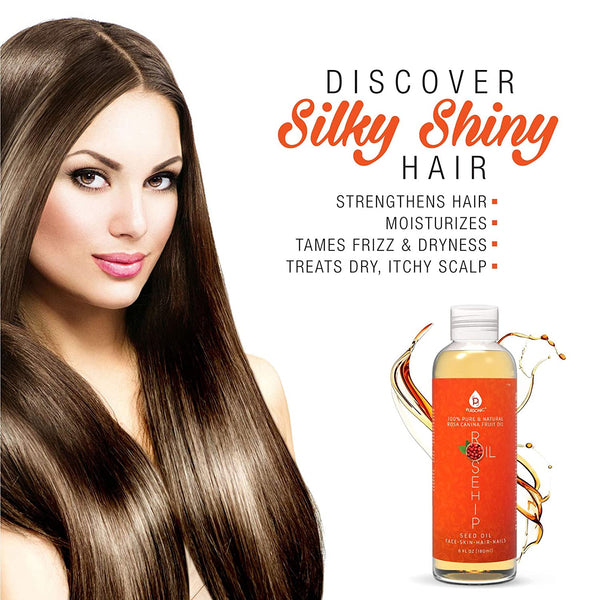 Woman with long, shiny hair next to a bottle of hair product with text about hair benefits.
