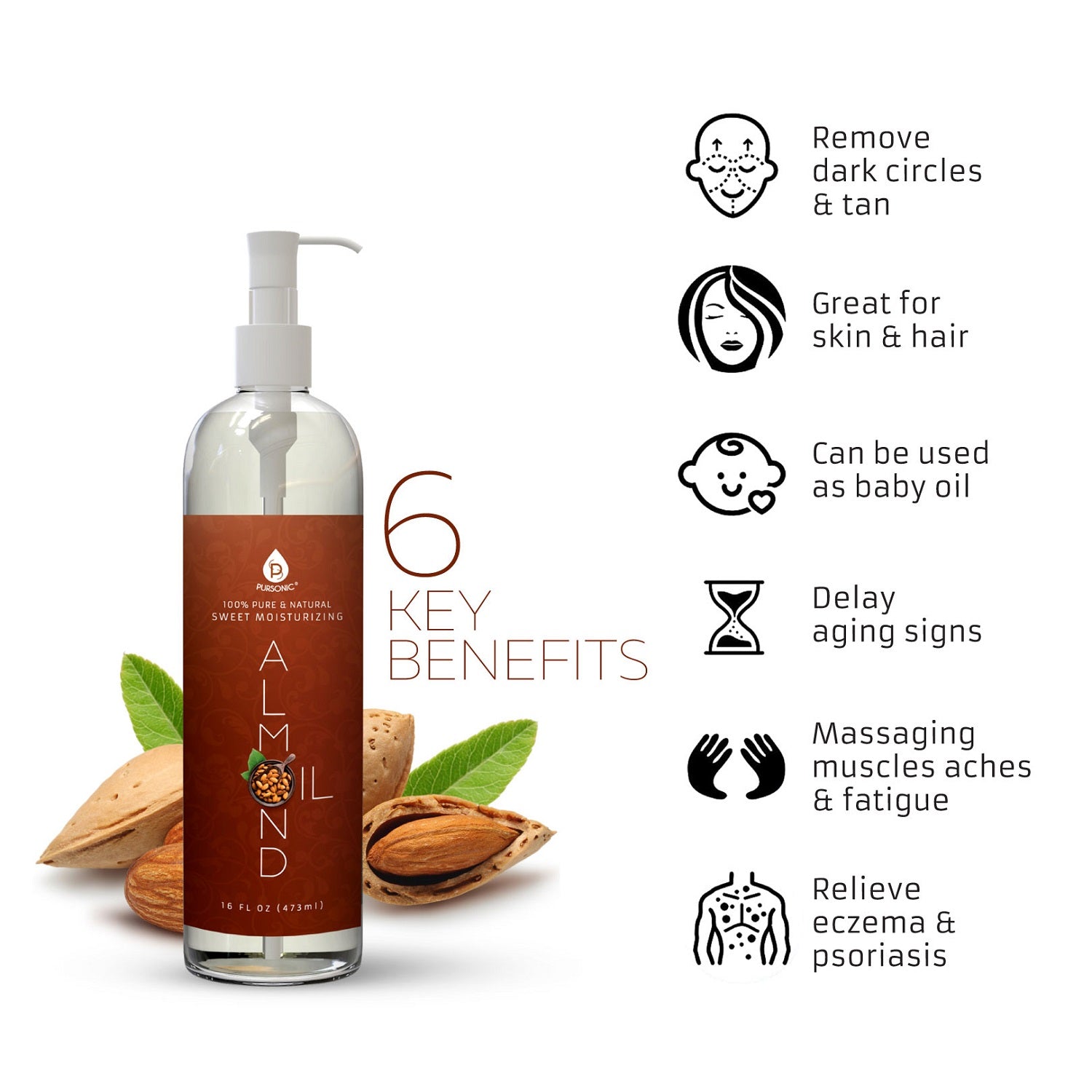 Almond oil bottle with key benefits listed on a white background