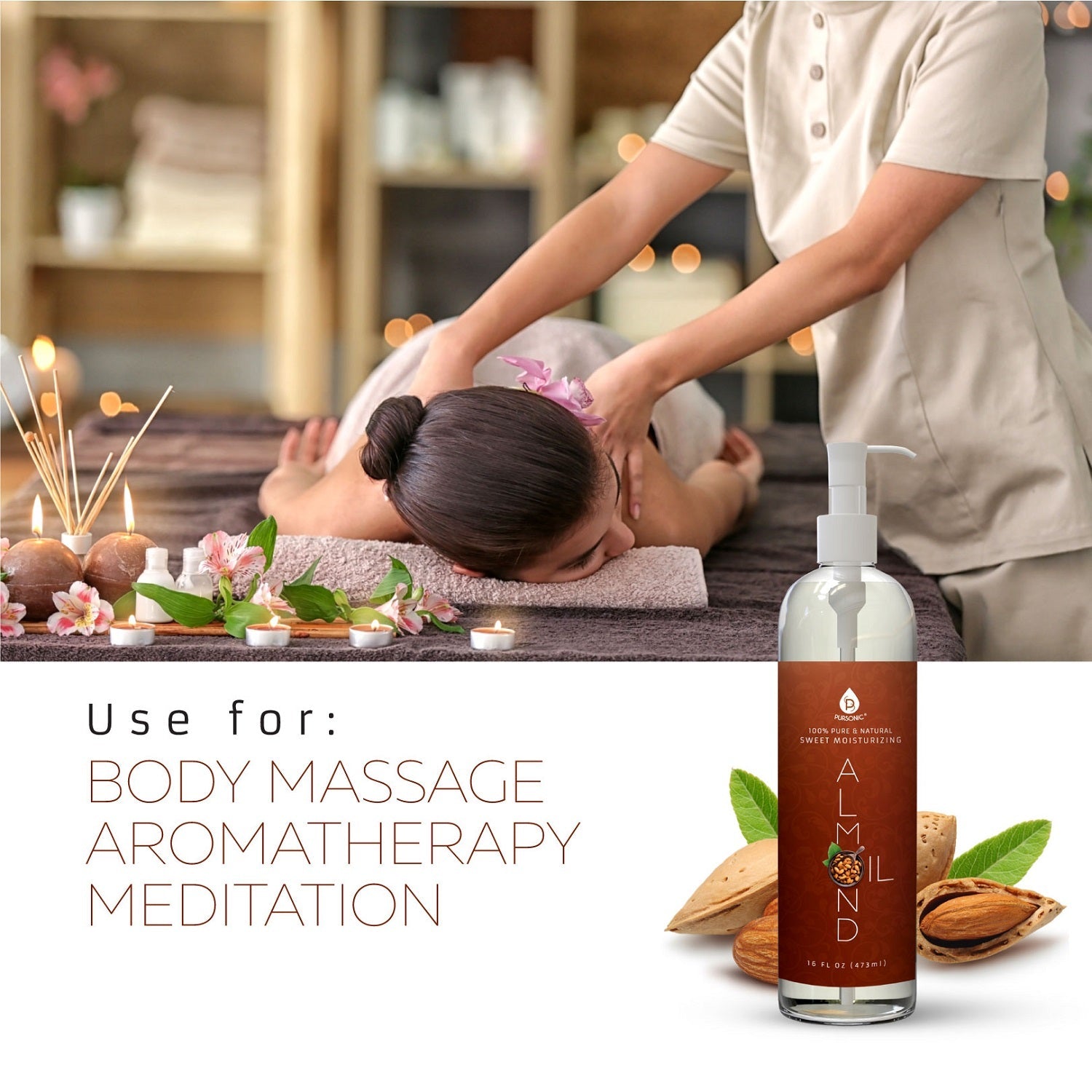 Person receiving a massage with a bottle of almond oil on a spa setting