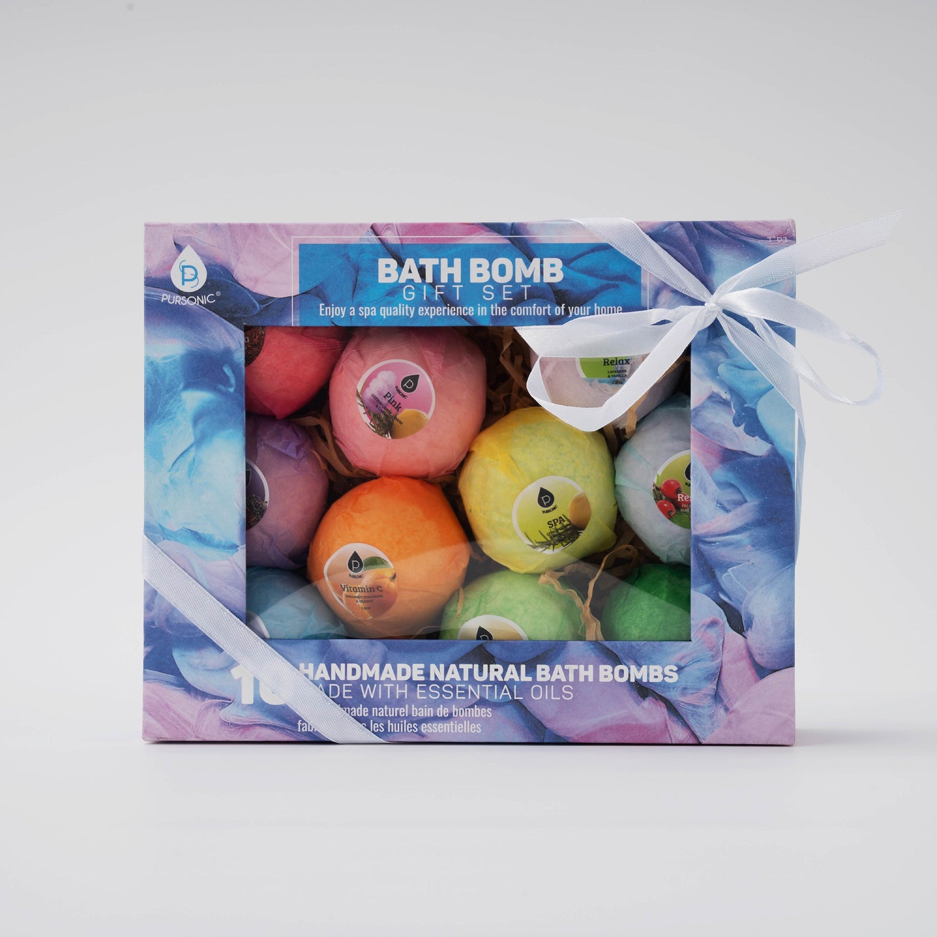 Box of bath bombs with colorful packaging on a white background