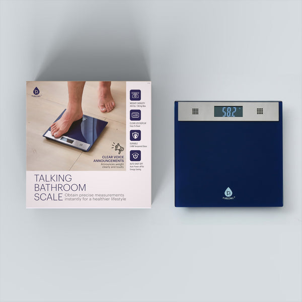 Blue digital bathroom scale with packaging on a light gray background