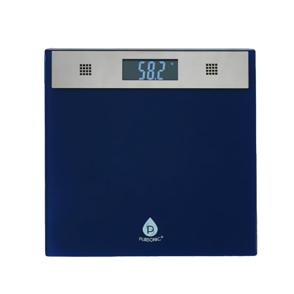 Blue digital bathroom scale with a silver top on a white background