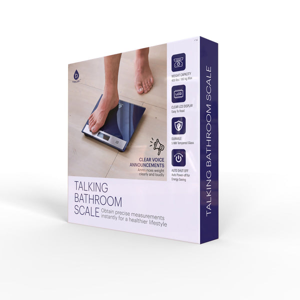 Box of a talking bathroom scale with a person stepping on it.
