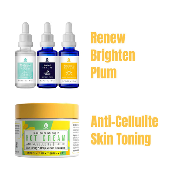 Three dropper bottles and a jar of cream with text indicating product benefits on a white background.
