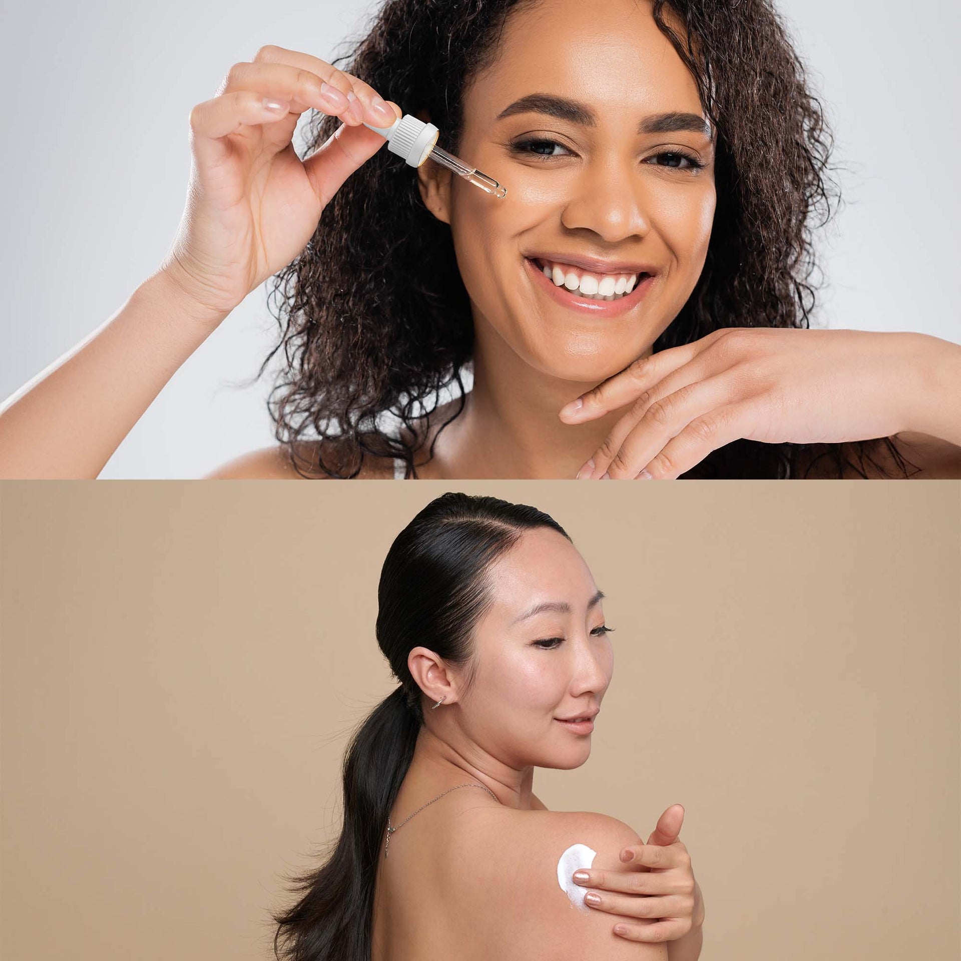 Two women applying skincare products with a neutral background