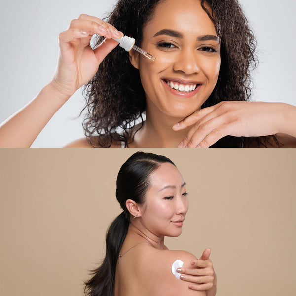 Two women applying skincare products with a neutral background