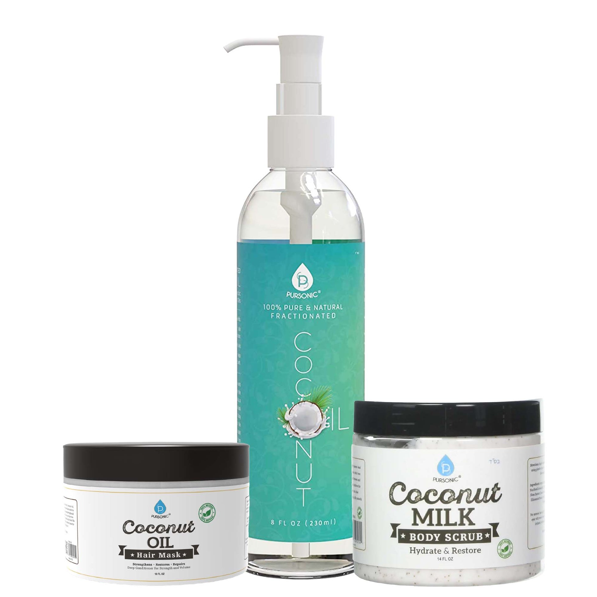 Set of coconut-based skincare products including a bottle, jar, and container on a white background.
