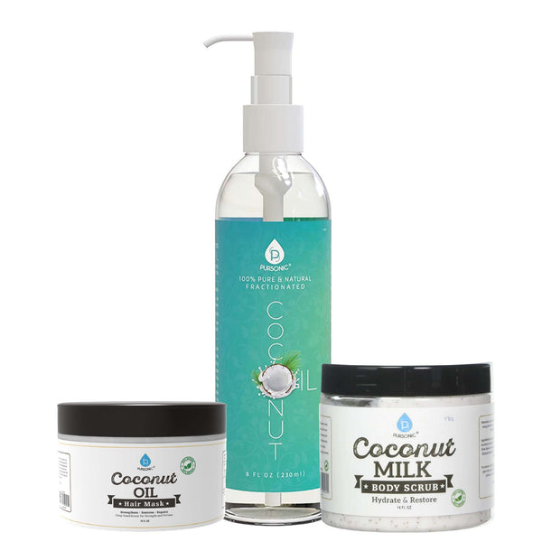 Set of coconut-based skincare products including a bottle, jar, and container on a white background.
