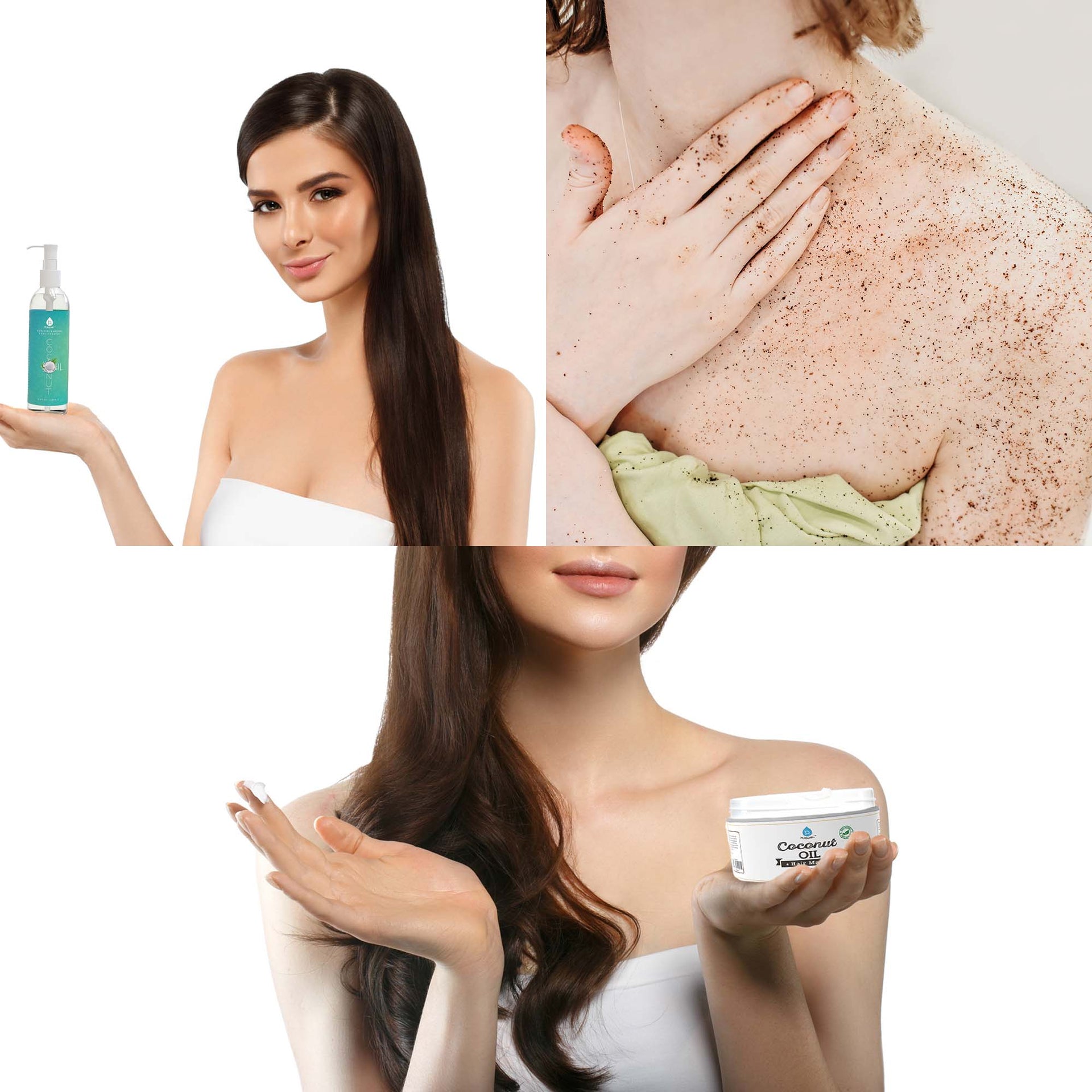 Collage of a woman holding skincare products with close-ups of skin and products.
