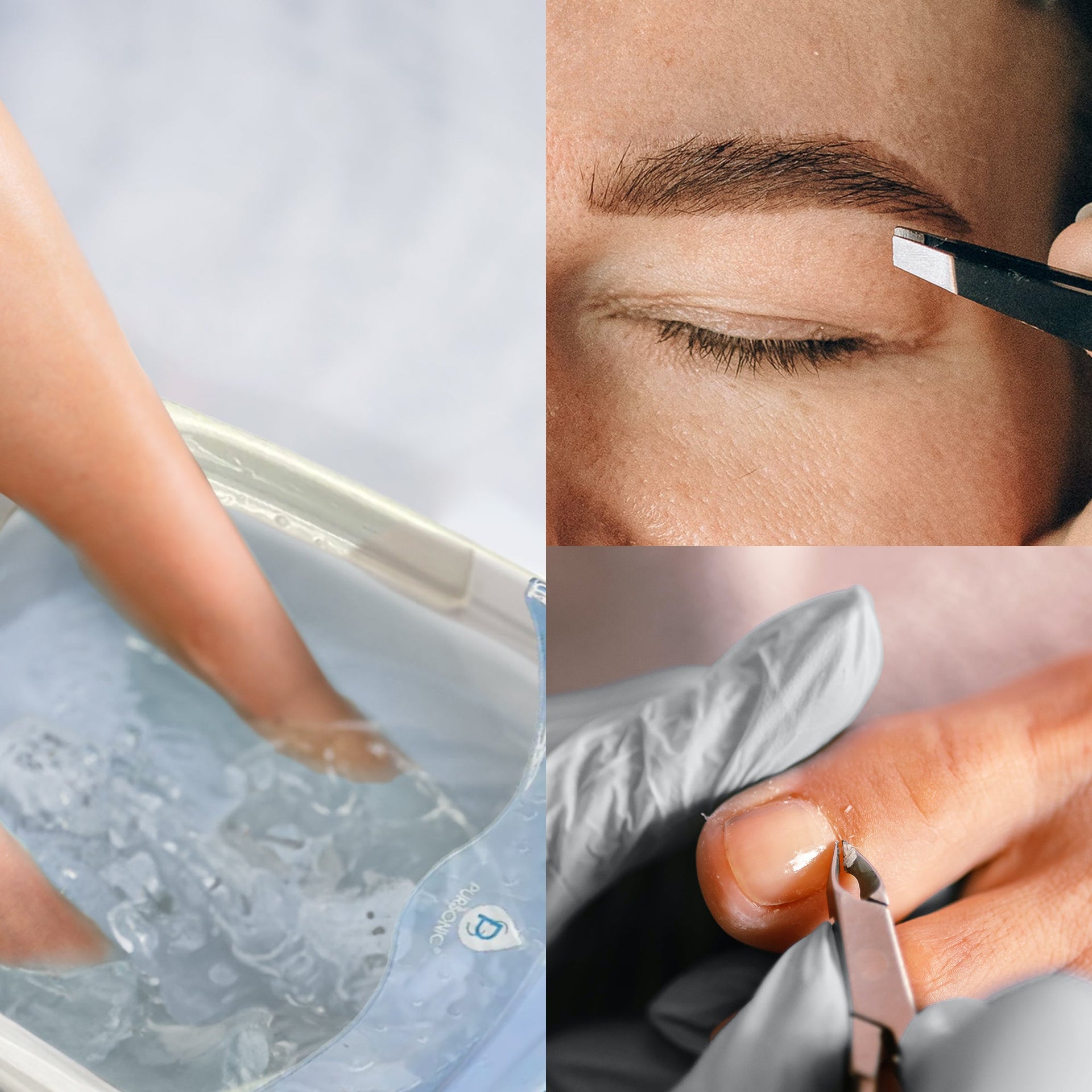 Collage of a person using a hair removal tool, applying cream to an eye area, and using scissors.